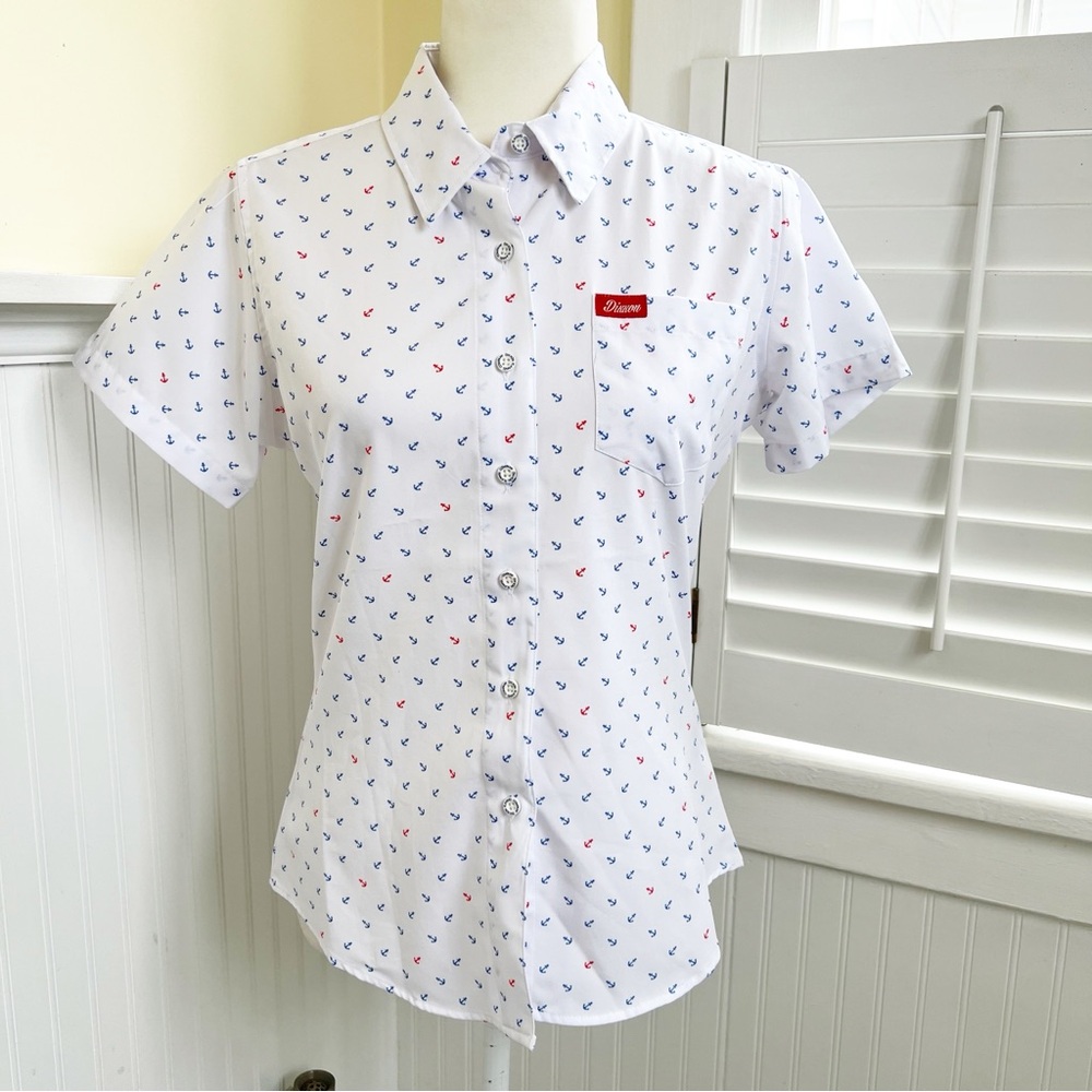 Dixxon White Short-Sleeve Button-Up Shirt Navy & Red Anchor Print "Shipwrecked"